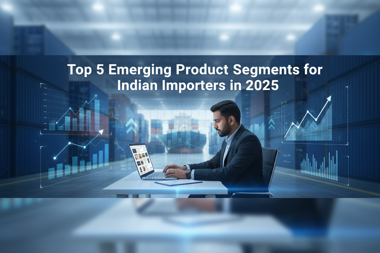 A Modern Warehouse With Containers And Cargo Ships Representing Global Trade And Imports Between China And India Digital Elements Like Graphs And Growth Arrows Showing Market Trends I